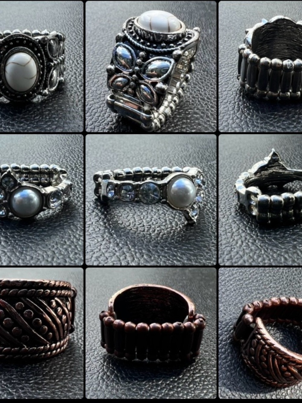 Lot of 3 Fashion Rings Silver & Copper Tone Pearl Rhinestone Metal